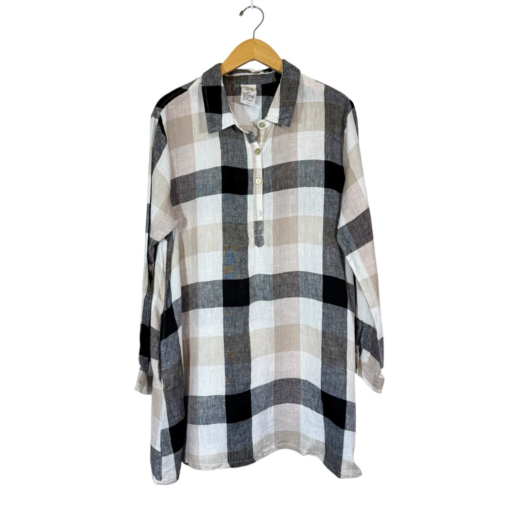 Match Point 100% Linen Henley Tunic Sz S Black White Plaid 3/4 Sleeves‎ Pockets
